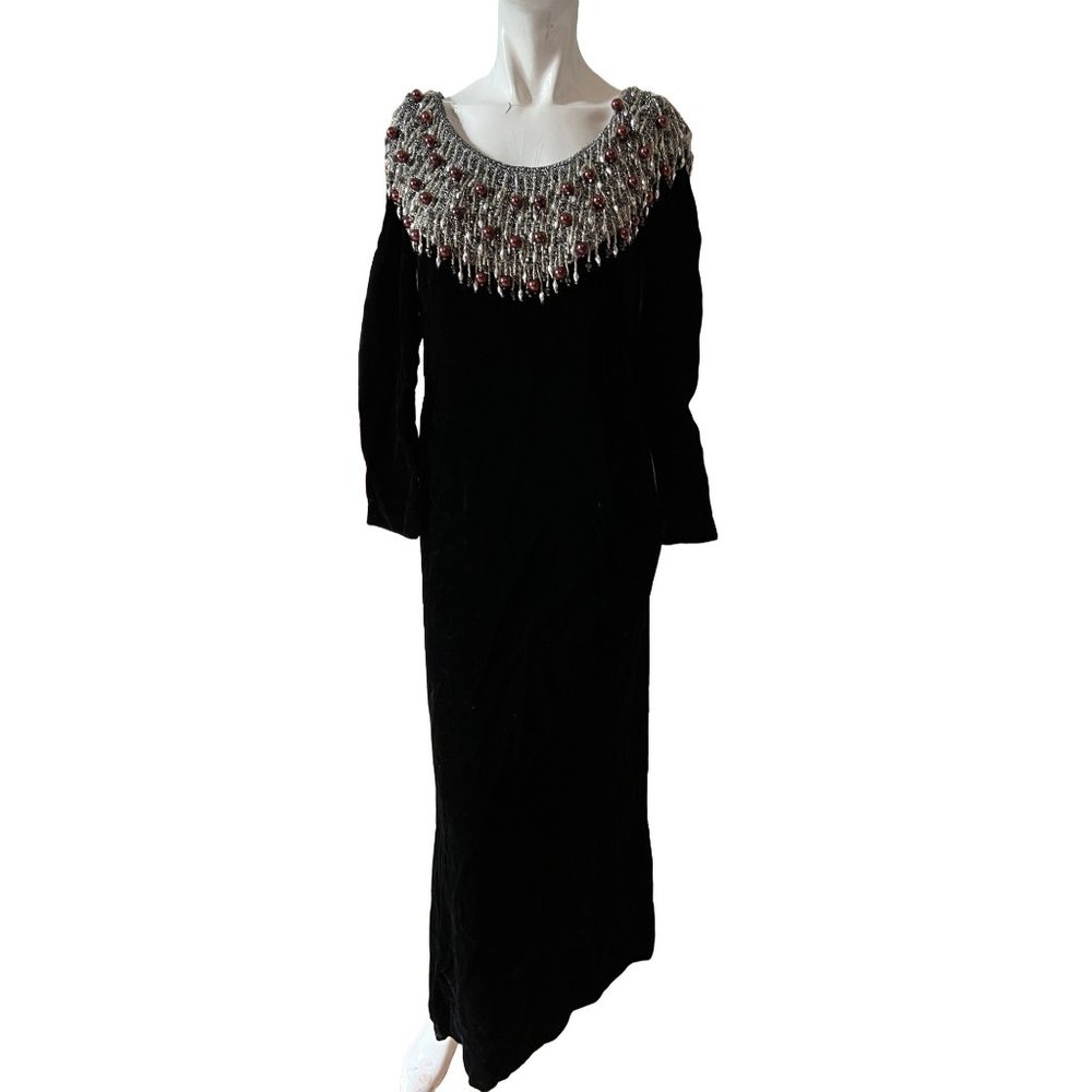 Rare Vintage 1960’s Jack Bryan Gown Embellished Black Long-Sleeve Maxi Dress